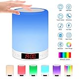 Nachttischlampe mit Bluetooth Lautsprecher, Berührungssensor Nachtlicht Nachttischlampe mit Wecker/Uhr/FM/TF Karte Slot, Stimmungslicht Nachttischlampe mit 7 Farbwechselnden Tragbaren (Farbe)