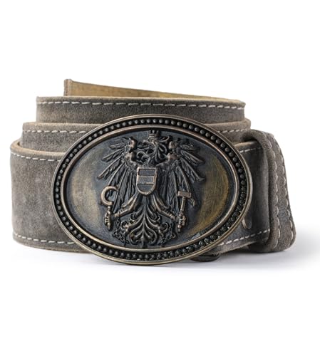 Schöneberger Trachten Couture Herren Trachtengürtel Österreich Ledergürtel mit Austria Adler Schnalle Lederhosen Gürtel aus Wildbock-Leder Franco (Grau Antik 110 (54-56) 13864)