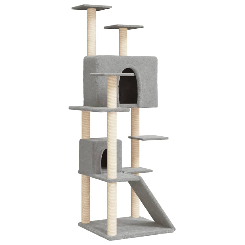 Kratzbaum 153 cm hoch mit 2 Katzenhöhlen und Sisal-Kratzsäulen, Katzenturm mit Leiter und weichen Liegeflächen, Stabiler Kletterbaum für Wohnungskatzen, Holzwerkstoff, Hellgrau