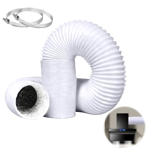 4inch x 10ft (3M) Air Conditioning Hose Ducting Tumble Dryer Vent Hose Aluminium 100mm Ducting Wide Long Flexible Aluminium PVC Air with 2 Clamps for Extractor Fan Tumble Dryer(White)