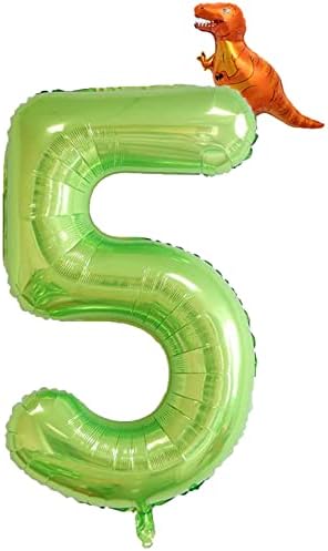 40 Inch Green Number 5 & Mini Dinosaur Balloon for Boys Birthday Party Decorations, 5th Birthday Dinosaur Party Supplies Jungle Green Theme Birthday Patry Balloons Decorations