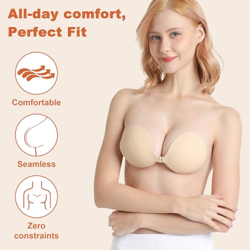 Image of LAZYROSY Sticky Bra Push Up Backless Bras Strapless Stick on Bra Invisible Adhesive Bra with Nipple Covers for Women (Nude, C)