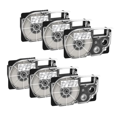 Image of Cruxer 6‑Pack Replacement for XR-9X XR-9X1 AR-9X 9mm x 8m Black on Clear Self-Adhesive Label Tape Compatible with Casio KL-60 KL-100 KL-120 KL-750 KL-780 KL-820 KL-2000 CW-L300 Label Makers