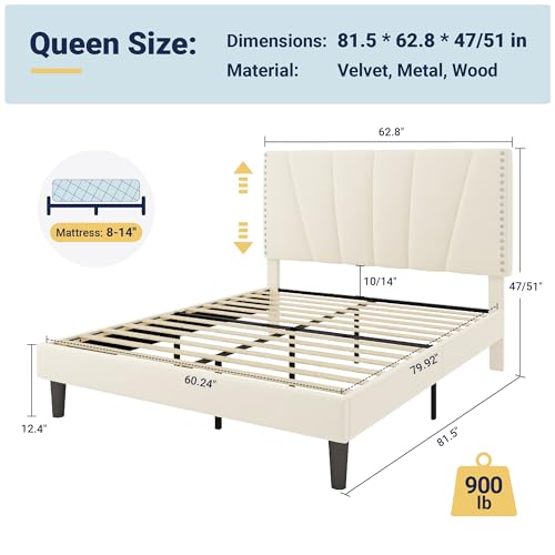 Image of Allewie Queen Velvet Platform Bed Frame with Adjustable Headboard, Cream | Height-Adjustable Velvet Headboard, Rivet-Style Nailhead Trim, Wooden Slat Support, No Box Spring Needed, Easy Assembly