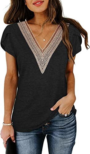 Etcyy Cap Sleeve Summer Tops For Women 2023 Trendy Cute Tank Tops Loose Solid Color Lace Petal V Neck Short Sleeve Shirts #TOP1
