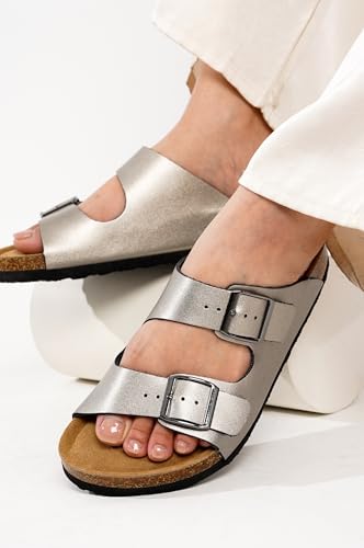 Image of Project Cloud 100% Genuine Leather Flat Sandals For Women 2026 Cork Footbed Womens Sandals with Memory Foam and arch support Vacation Essentials Slides for Women Footwear (Venita)