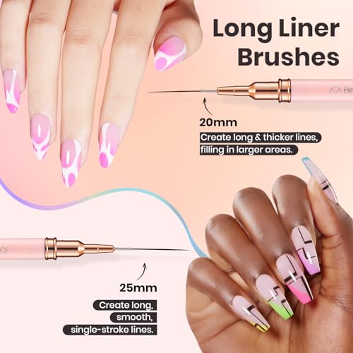 Image of Beetles Gel Polish Nail Art Pens, 5pcs Nail Art Brushes Liner Brushes for Nails Pink Liner Sizes 5 /9 /15 /20 /25mm with Palette Holder Painting Manicure Design Tools for Long Lines, Details, Fine Drawing