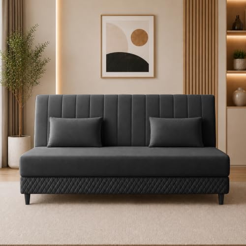 Image of Rosebell Modern 3 Seater Velvet Sofa Cum Bed with Cushion | Premium Upholstered Fabric | Tufted Backrest | Wooden Legs | Living Room Furniture | Black