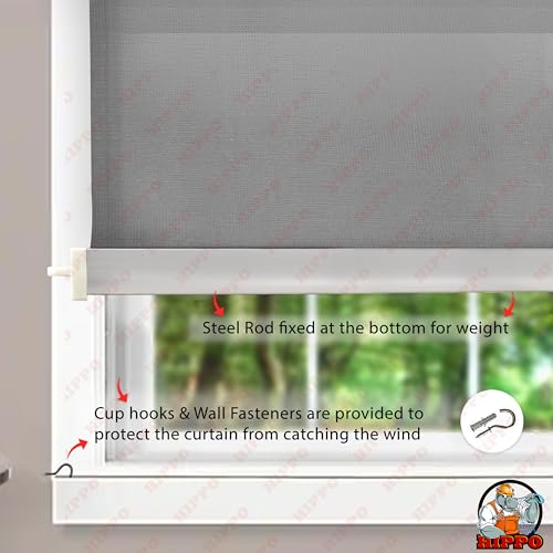 Image of HIPPO 180 GSM HDPE Outdoor Balcony Roller Blind, UV & Dust Protection Corded Roll Up and Down Light Filtering Blinds for Garden (Charcoal-Grey, 4FTX7FT)