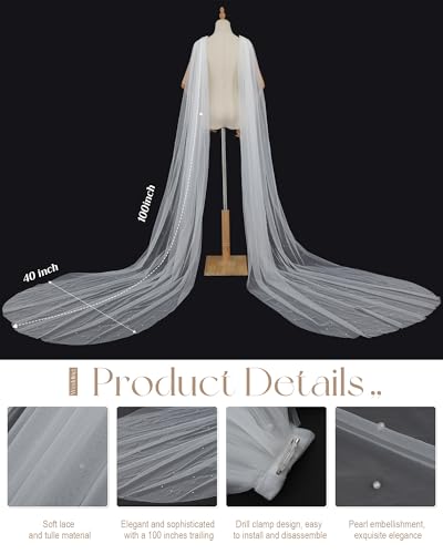 Chuarry Wedding Bridal Cape Detachable Sleeve Pearl Tulle Shawl Shoulder Capelet Veil Cloak Rhinestone Pin for Formal Dress2