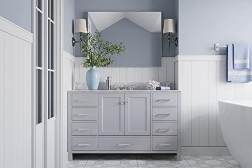 Ariel 55" Grey Bathroom Vanity With Italian Carrara Marble Countertop & Backsplash, Center Rectangular Sink, 2 Soft Closing Doors, 9 Full Extension Dovetail Drawers, Brushed Nickel #TOP1