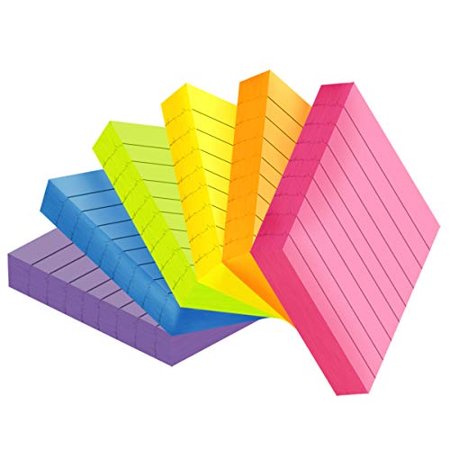 Lined Sticky Notes,6 Pads,3 x 3 Inches,Dailyhome Lined Bright Colors Self-Stick Note Pads,Adhesive Easy to Post for School,Office,Home,100 Sheet/Pad,Total 600 Sheets