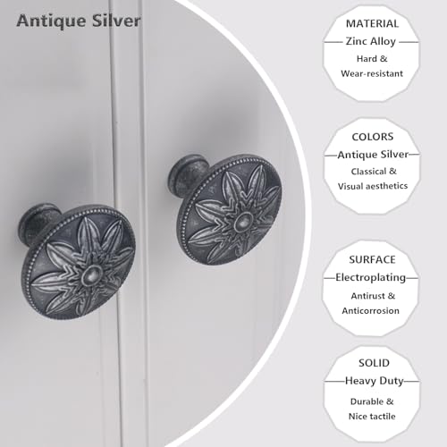 Image of 4 Pack Antique Silver Cabinet Knobs Vintage,1.4 inch Round Vintage Silver Kitchen Cabinet Handles for Cabinets and Dresser Drawers,Dresser Knobs Drawer Knobs