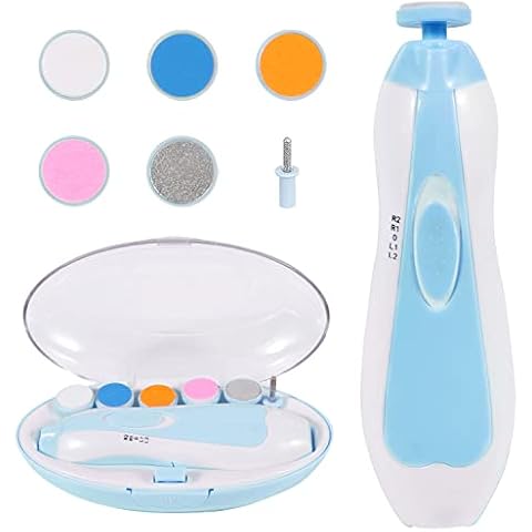 Baby Nail Trimmer Electric, Low Noise Newborn Safe Nail Clipper Kit with Light and Replaceable 6 Grinding Heads, Hand-Holding Care Polish and Trim for Infant Toddler Adults Toes Fingernails, Blue Cover