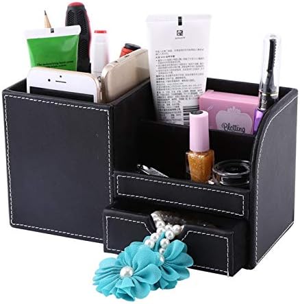 Miniatura 4 de Organizador de escritorio de oficina de piel sintética, 6 compartimentos + cajón para tarjetas de presentación, lápices, teléfono móvil, caja de