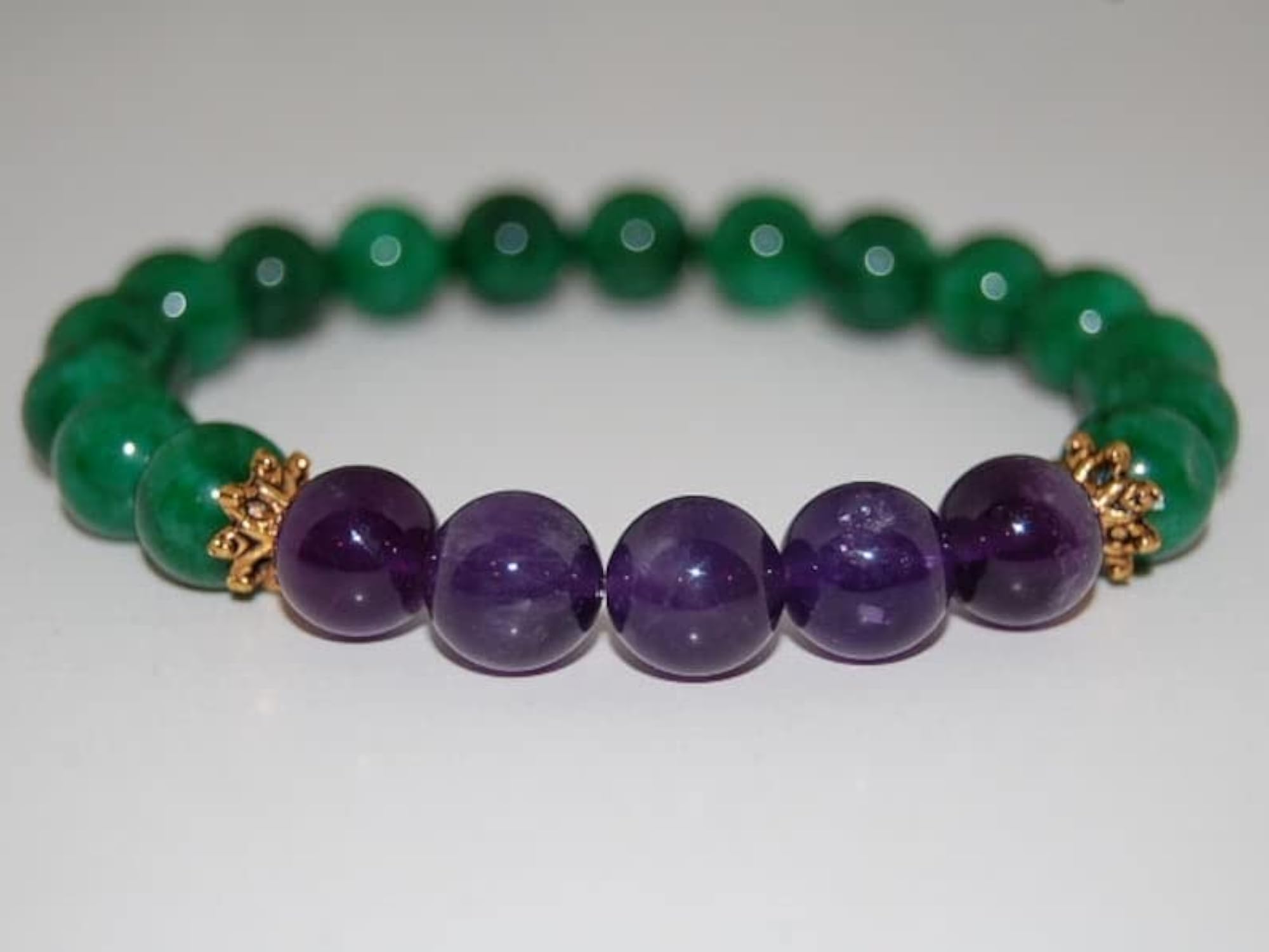 Natural Amethyst & Green Jade Gemstone Stretch Bracelet, Unisex Healing
