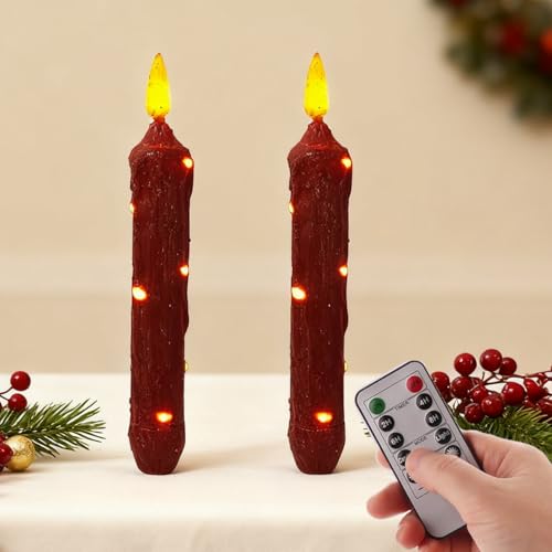 Image of 6.5 Inches Primitive Real Wax LED Flameless Short Candlesticks Hand Dipped Battery Operated Taper Candles with Timer Remote Candles for Christmas Vintage Rustic Home Decor, Pack of 2(Red)