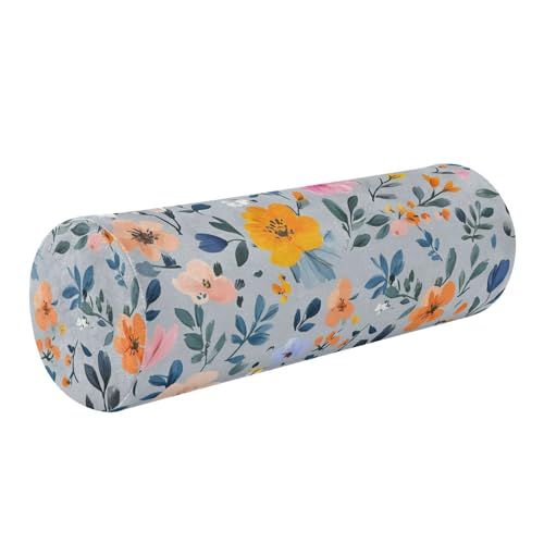 Almohada para piernas para dormir, rústica, flores primaverales, hojas, azul y gris, almohada para el cuello, 5.5 x 17 pulgadas, almohada redonda pequeña de espuma, fundas de almohada con cremallera