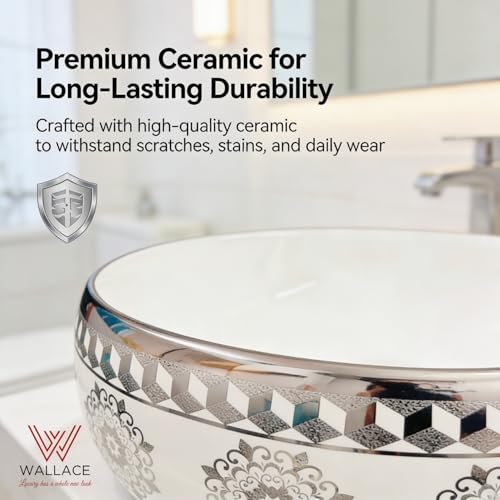 Image of Wallace Premium Countertop Wash Basin 60x40x15 cm | Oval Ceramic Table Top Sink |Interior with Gold Pattern | Luxury Designer Vanity Wash Bowl (Ivory Silver)