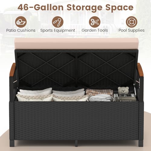 Image of Tangkula 46 Gallon PE Rattan Outdoor Bench with Storage & Cushions