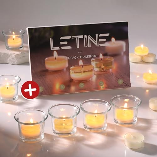 LETINE 24pc Tealight Candle Holder & Soy Candles Set