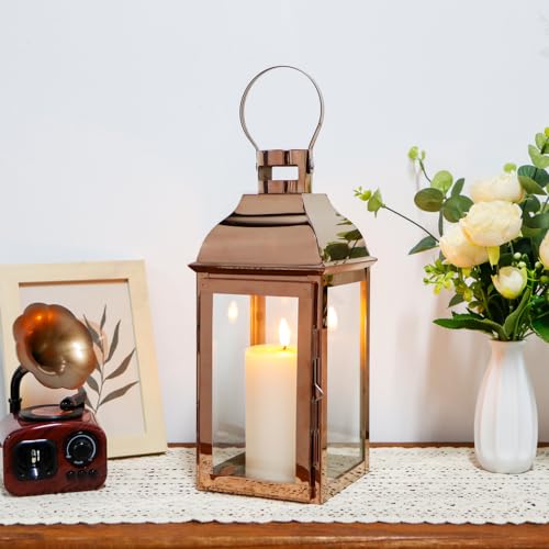 JHY DESIGN Stainless Steel Lanterns, 31.5cm High Candle Holders with Tempered Glass Outdoor Candlesticks for Garden Indoor Parties Weddings Vintage Hanging (Rose Gold) - Cosy Home Interiors JHY DESIGN Stainless Steel Lanterns, 31.5cm High Candle Holders with Tempered Glass Outdoor Candlesticks for Garden Indoor Parties Weddings Vintage Hanging (Rose Gold) - Image 5