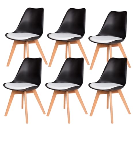 PEZ ROJO Lot de 6 Chaises Scandinaves, Chaises Salle à Manger, Chaise Cuisine, Salon, Chaises Noires et Blanches Design Ergonomique, Pieds Bois de Hêtre...