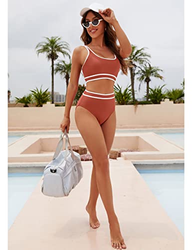 Image of BMJL Women's High Waisted Bikini Sets Sporty Two Piece Swimsuits Color Block Tummy Control Modest Bathing Suit