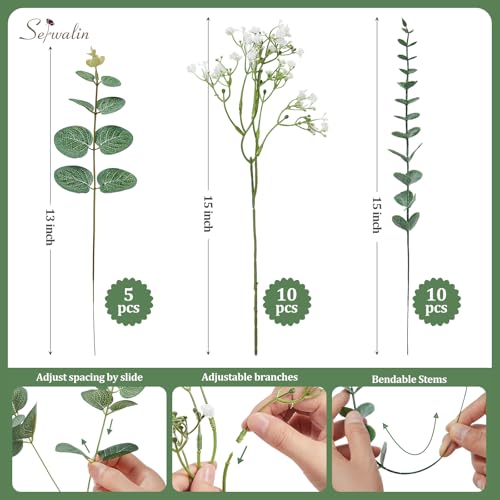 25 tiges d'eucalyptus artificielles Serwalin vertes pour décoration de vase