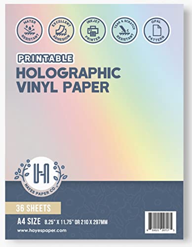Lot de 36 feuilles de papier autocollant holographique imprimable en vinyle opale A4 Cover