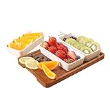 H-SC Creamy tomato sauce snack tray 3 long ceramic bowls and a brown tray, removable moisture-proof...