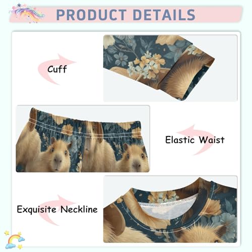 Pajama Sets Long Sleeve Cute Capybara Floral Background Soft Comfy Sleepwear 2 Piece PJS 3-8T4