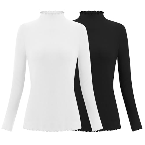 Herou 2 Pack Women's Long Sleeve Mock Turtleneck Fitted Lightweight Undershirt Lettuce Trim Ribbed...