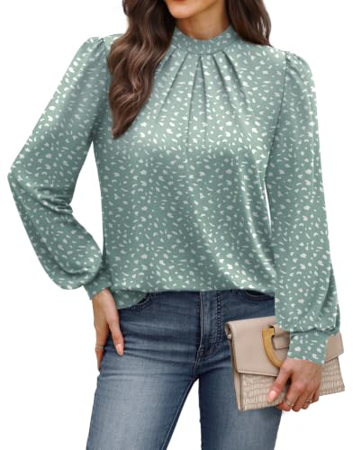 Image of WIHOLL Long Sleeve Shirts for Women Mock Neck Tops Pleated Front Blouses Dressy Casual Spring Fall Clothes 2026 Fashion