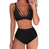 Generic Deals+of+The+day Clearance Prime Sale High Waisted Bikini Sets for Women Tummy Control Mesh V Neck Ruched Crissover Back Swimsuit Sexy Retro Beach Swimwear Traje De Baño, Medium, A01_black