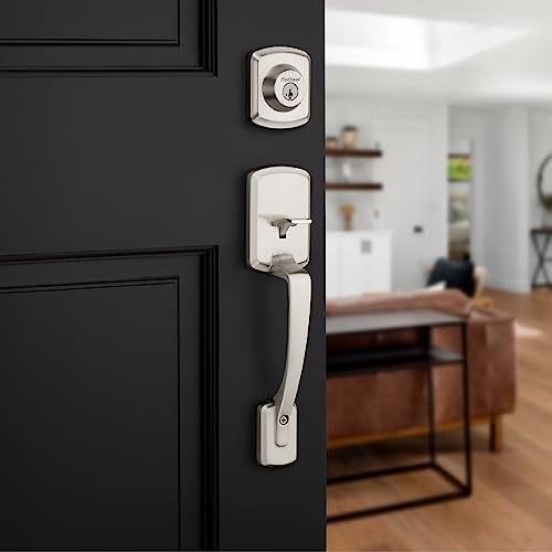 Image of Kwikset Henley Front Door Lock Handle and Deadbolt Set, Entry Handleset Exterior with Interior Reversible Lever, Satin Nickel, Pick Resistant SmartKey Rekey Deadbolt Security, with Microban Protection