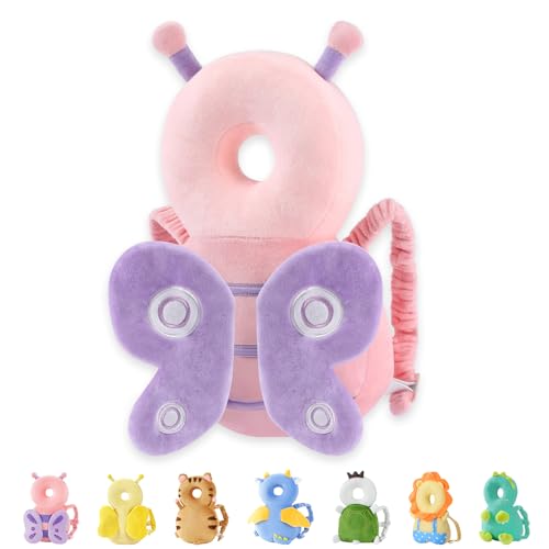 Image of JunNeng Baby Head Protector Backpack for Walking Crawling, Dot Butterfly | Soft, Breathable, Adjustable, Baby Fall Back Head Protector for Falling, Purple Dots Butterfly