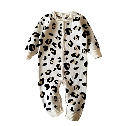 Qichenx Baby Strampler Overall Gestrickte Onesies Langarm Leopard Outfits für Neugeborene Jungen Mädchen Warm Winter Pullover (Beige, 70) Cover