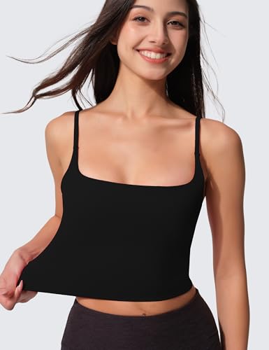 Womens Scoop Neck Longline Sports Bra U Back Adjustable Strap Double Lined Workout Crop Tank Top with Built in Pads Black3