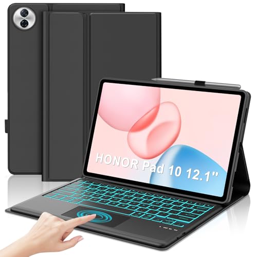 IVEOPPE Teclado para Honor Pad 10 12.1 Pulgadas con Touchpad, Teclado Funda Trackpad Keyboard Retroiluminado de 7 Colores Español Ñ Desmontable Bluetooth para Honor Pad 10 12.1' 2025, Negro