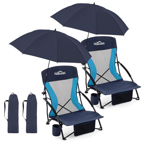 Homcosan Portable Low Folding Beach Chairs Set of 2 with Detachable Umbrellas - Lightweight Camping Chairs for Adults with Cup Holder & Storage Pockets, Carry Bag Included (Navy & Blue)
