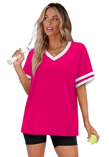 Image of WIHOLL Womens T Shirts Loose Fit Short Sleeve Tees V Neck Color Block Summer Tops 2026 Fashion S-4XL