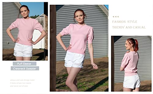 Image of Womens Puff Short Sleeve Sweater Tops Crewneck Basic Knit Pullover Lightweight Casual Sweaters