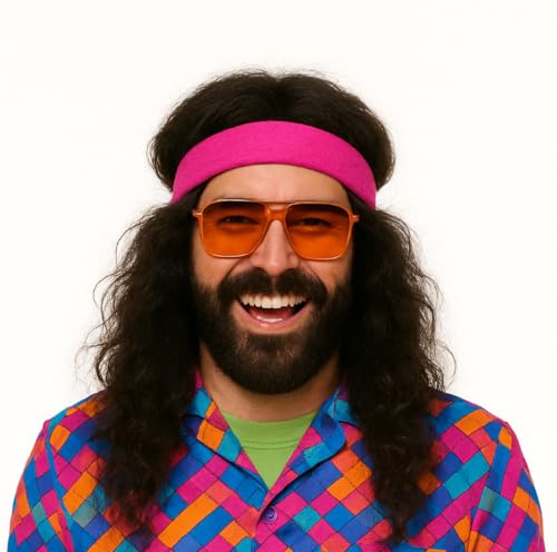 Perruque à cheveux longs pour carnaval des années 70 et 80 - Noir