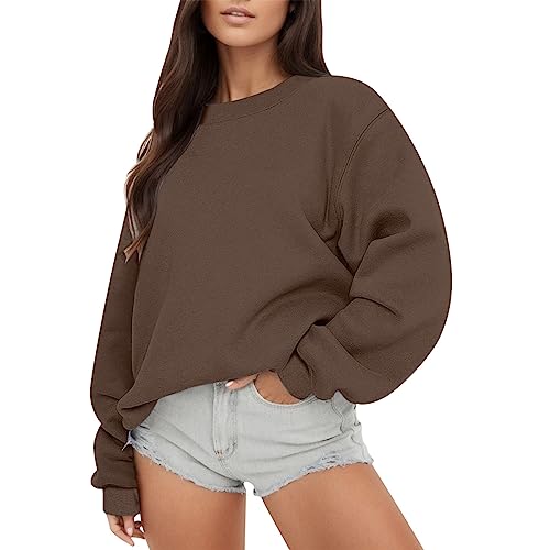 Women's Sweatshirt Long Sleeve Crewneck Sweatshirt Casual Loose Fit Pullover Fleece Top for Autumn Brown