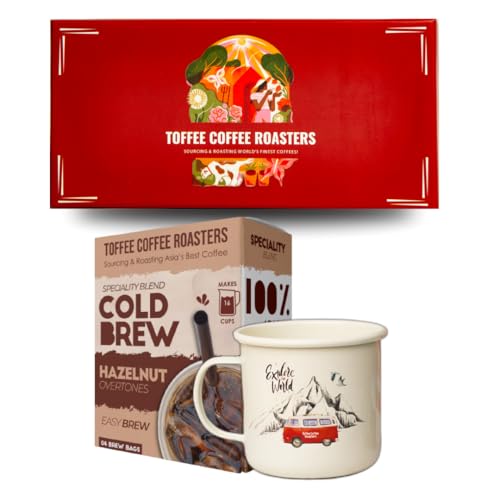 Image of Toffee Coffee Roasters | Gift Box | Hazelnut Cold Brew (Pack of 4 Bags) + Enamel Mug | As Seen On Shark Tank | 100% Arabica Coffee, Grounded Coffee Freshly Roasted