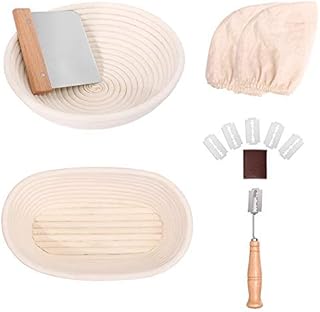 2 Pack Bread Proofing Basket Set, 10 inch Oval & 10 inch Round, 2pcs Natural Rattan Proofing Baskets with Bread Lame, Dough Scraper and Linen Liner, Bread Making Tools for Professional & Home Bakers