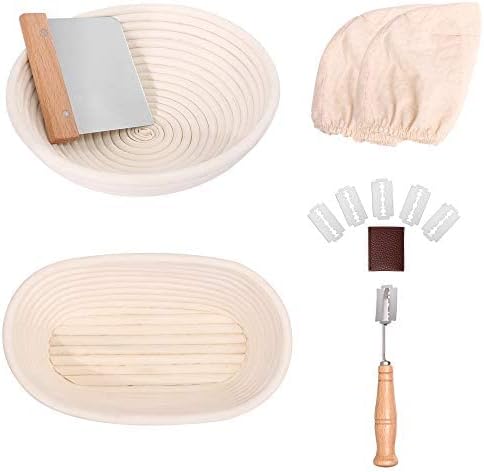 2 Pack Bread Proofing Basket Set, 10 inch Oval & 10 inch Round, 2pcs Natural Rattan Proofing Baskets with Bread Lame, Dough Scraper and Linen Liner, Bread Making Tools for Professional & Home Bakers