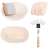 【Recibirás 2 cestas de pan】cestas de pan ovaladas de 25,4 cm y cestas de pan redondas de 25,4 cm, que soportan 2 libras de masa. Con 2 tamaños de lino lavable, un rascador de masa de metal perfecto para cortar y transferir masa de pan. El filo de puntuación y 5 cuchillas te permiten hacer patrones exquisitos en la superficie del pan.