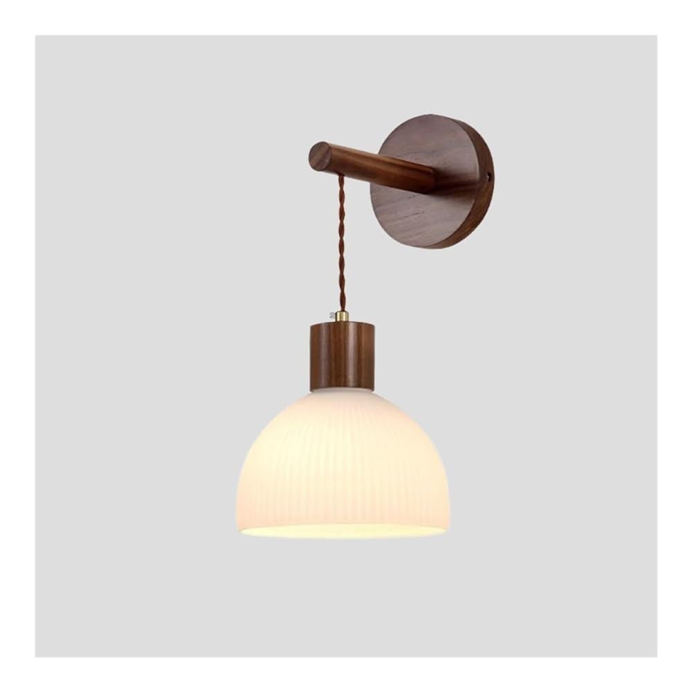 SXECAEPS Modern Vintage Wood Wall Lamp Glass Shade Lighting Sconce Walnut Color Lantern for Bedroom Bedside Living Room Study Corridor Entryway Restaurant(B)